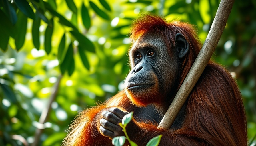 Contemplative orangutan holding tree branch in jungle setting, orangutan relocation risks.