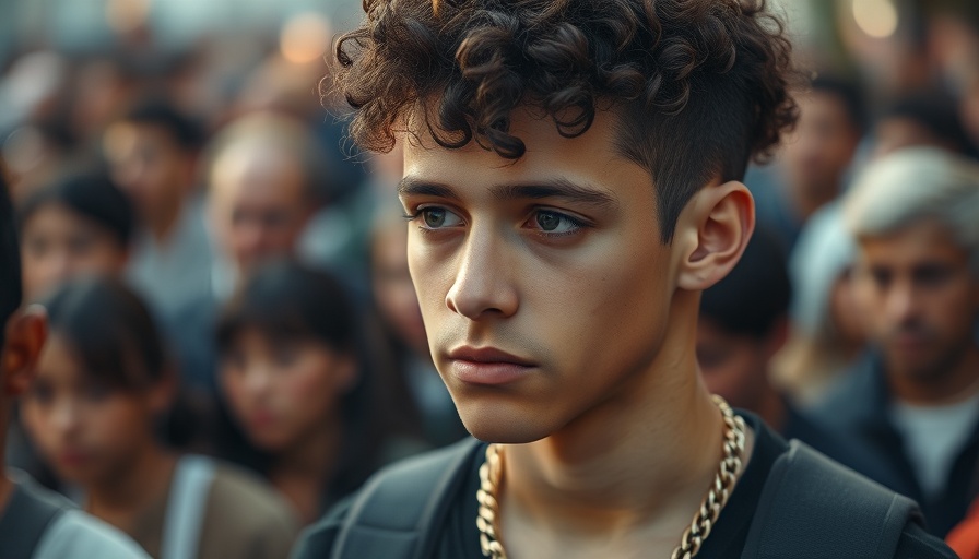 Young man with curly hair and gold chain gazing thoughtfully at an event.