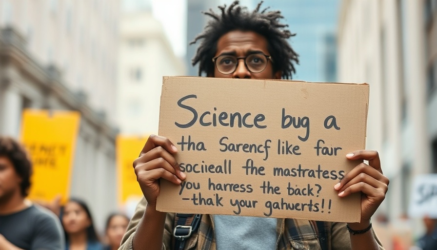 Protest sign emphasizing science's importance in progress.