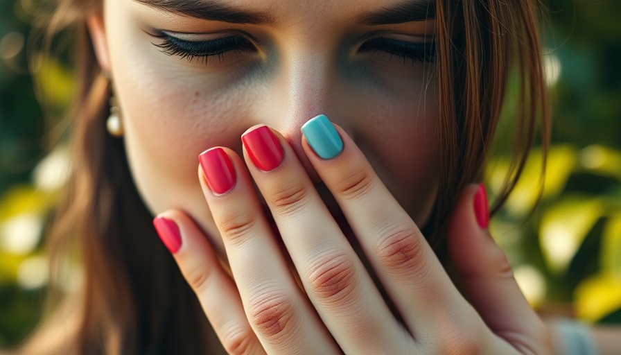 A shy woman covers her face with her hands, highlighting her colorful nails.