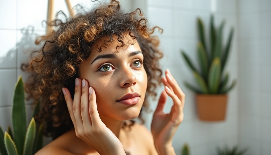 Young woman applying skincare in a modern bathroom.