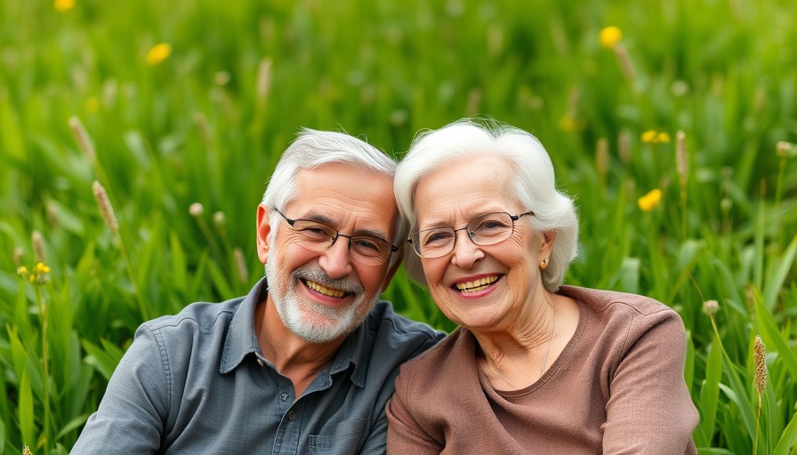 Older couple smiling in a meadow, stress levels decrease as we age.