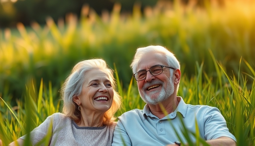 Content older couple enjoying leisure time in nature, least stressful decade of life.