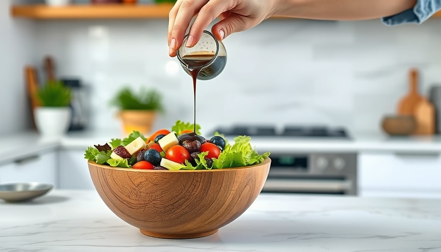 Pouring apple cider vinegar into salad for gut health