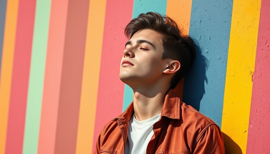 Young person in red jacket against colorful wall, enjoying the sun.