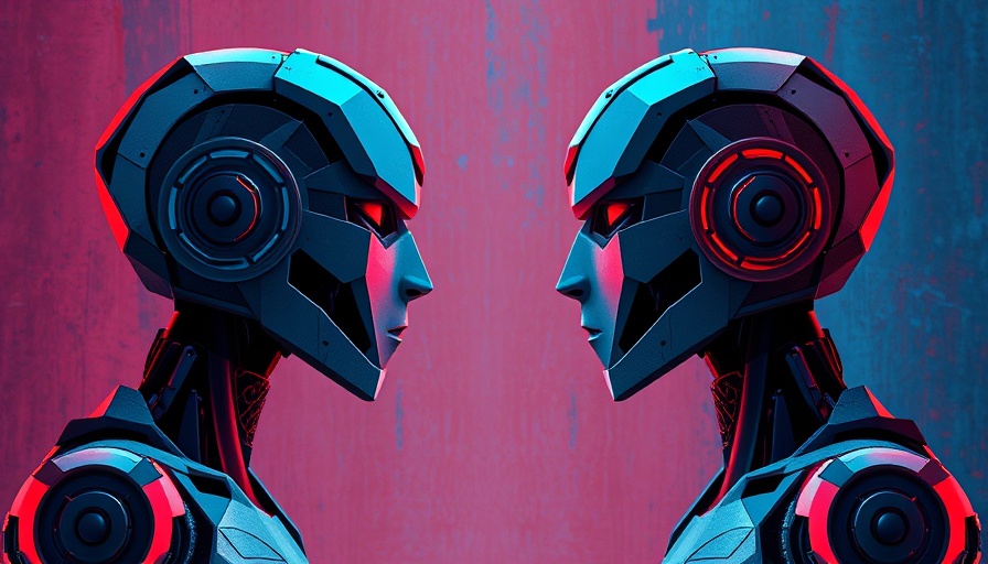 Geometric humanoid robots facing each other, depicting open-source AI risks.