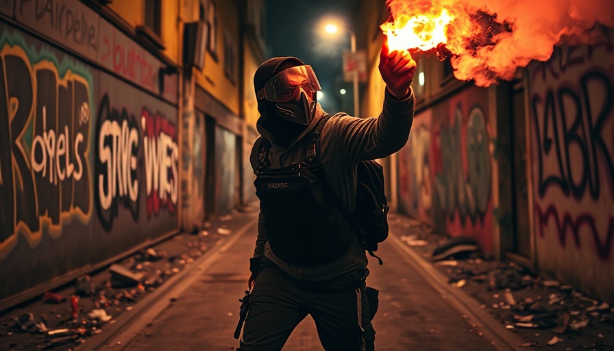 Intense urban protest at night with graffiti and firelight.
