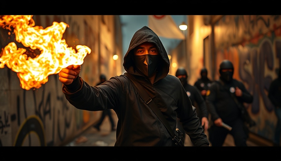 Protester in action amidst graffiti in political destruction scene.