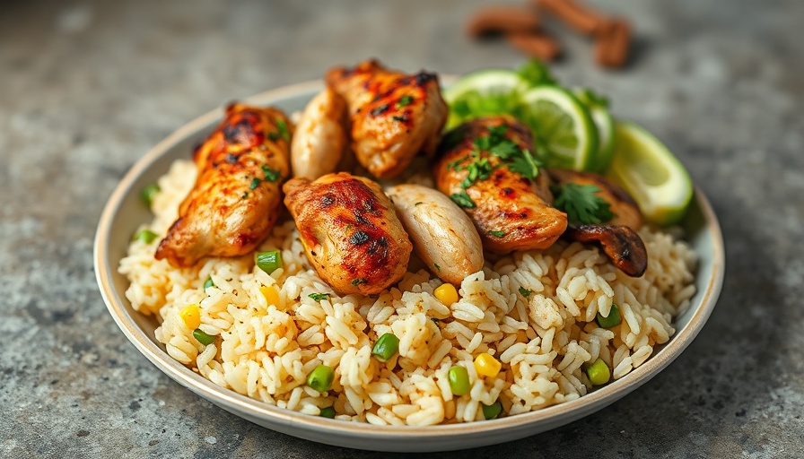 Delicious fast food chicken rice dish on concrete background
