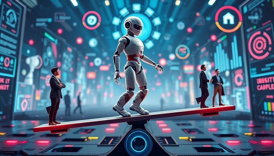 AI job displacement pattern visual with a robot and workers on a seesaw.