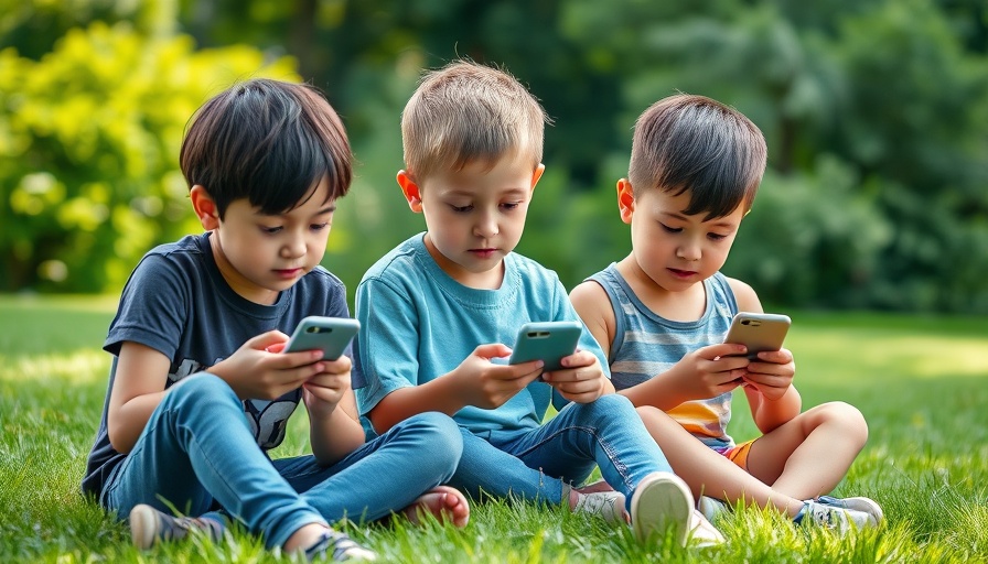 Young children using smartphones in a park, highlighting cellphone ban in schools.