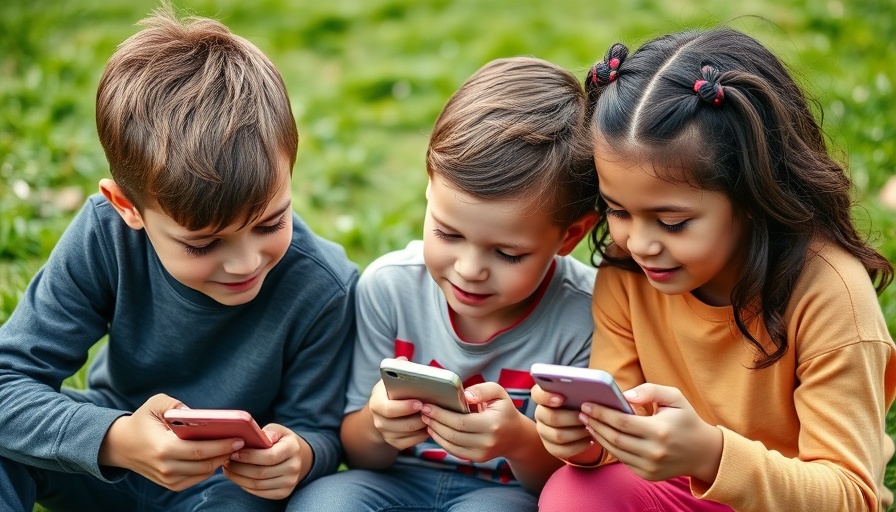 Children using cellphones outdoors illustrating cellphone ban in schools concept.