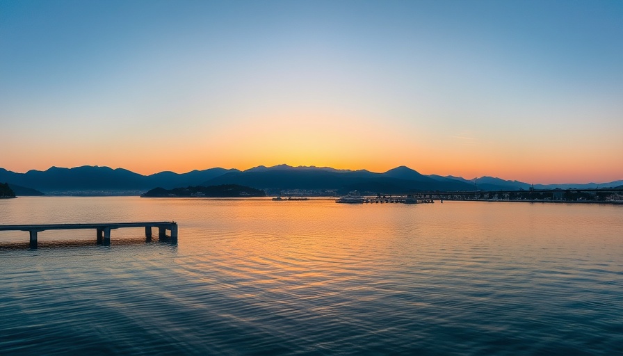 Serene freshwater lake at sunset with marinas and bridge in the distance.