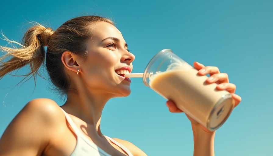 Young woman drinking protein shake, clear sky background.