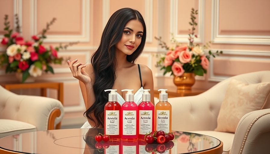 Elegant woman with acerola cherry body care products, luxurious setting.