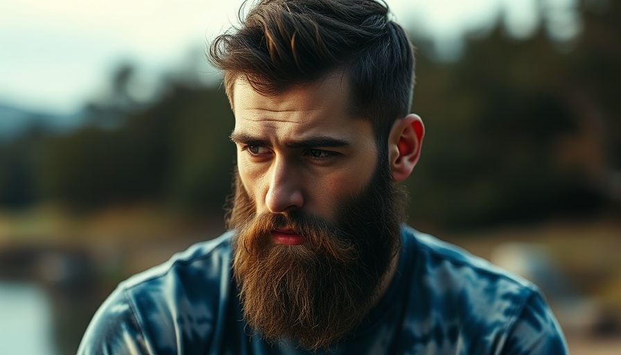 Reflective bearded man in tie-dye shirt with blurred background.