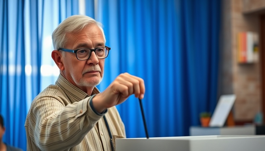 Older man casting vote indoors against blue backdrop.