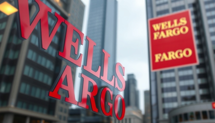 Wells Fargo sign reflecting on window in urban setting.