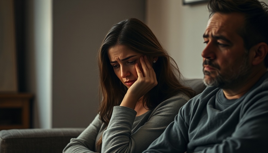 A distressed woman and contemplative man suggestive of avoidant attachment style in a dimly lit room.