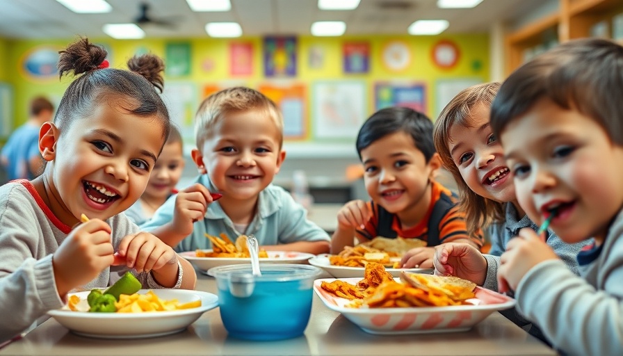 Children enjoying healthy school lunch to ban ultra-processed foods.