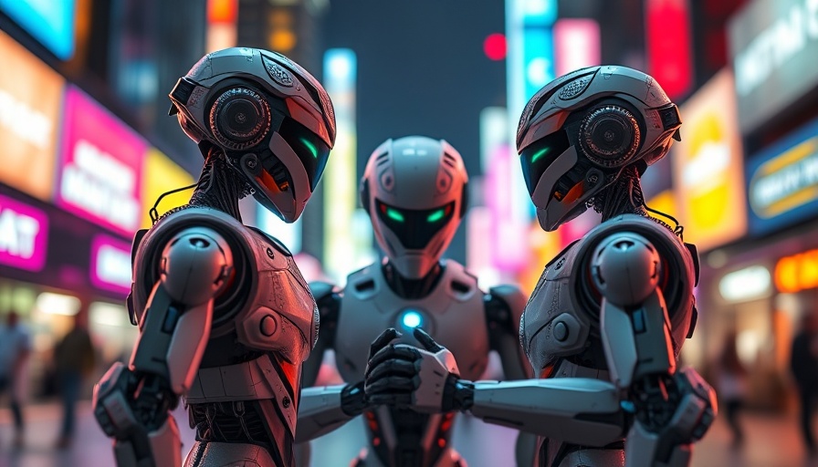 Futuristic robots communicate in a neon-lit cityscape, Model Context Protocol updates.