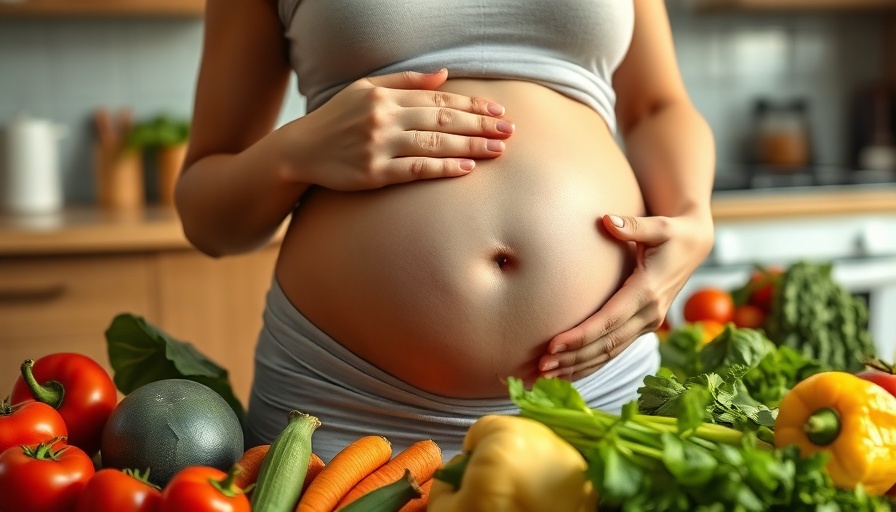 Impact of maternal health on obesity: pregnant woman with healthy foods.