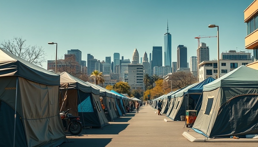 City street scene with homeless tents and urban skyline.