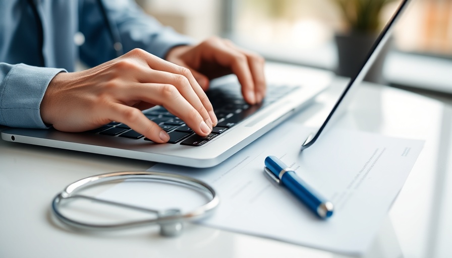 AI scribes clinician burnout: hands on laptop with stethoscope on desk.