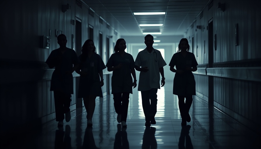 Healthcare workers silhouetted in a hospital hallway, reflecting layoffs impact.