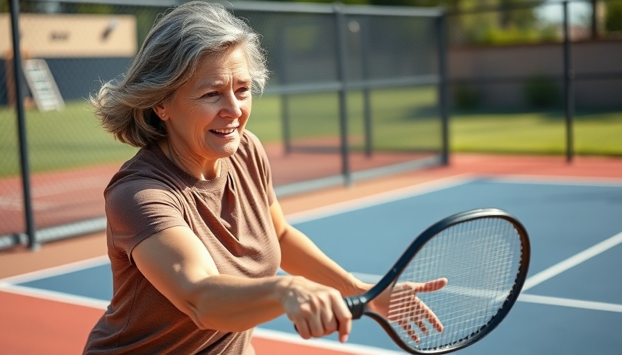 Middle-aged woman enjoying pickleball outdoors, highlighting brain health benefits.