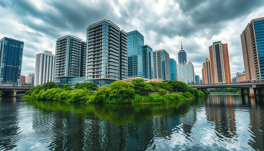 Urban impact on biodiversity with river and buildings.
