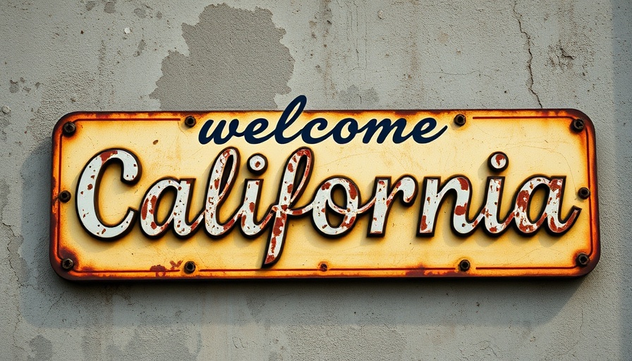 Vintage California welcome sign against grungy background.