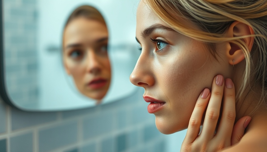 Close-up of woman examining skin in mirror wondering if biotin causes breakouts.