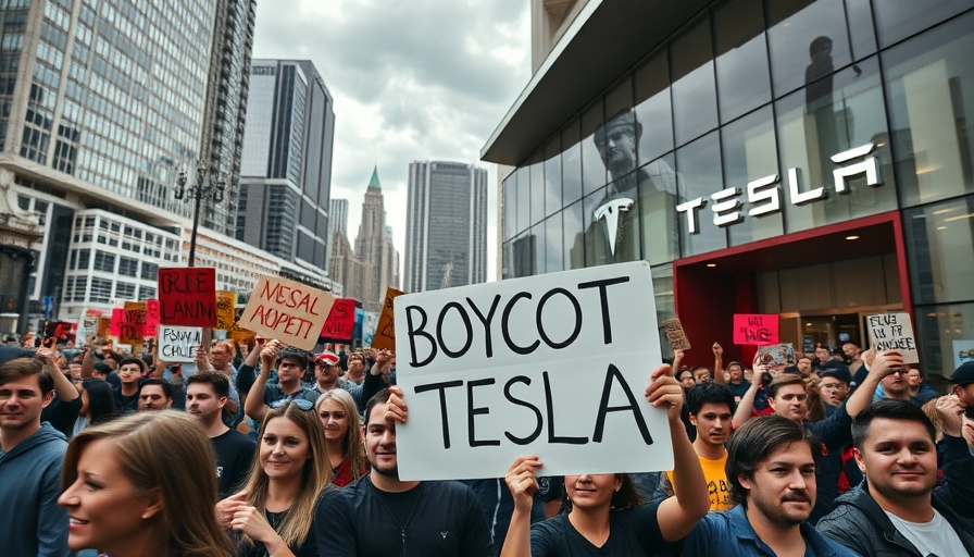 Tesla Takedown protests outside a Tesla store with protesters and signs.