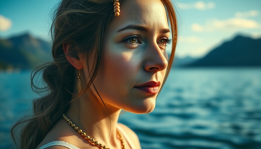 Contemplative woman with Cancer symbol, Cancer Rising Traits and Wellness, serene ocean background.