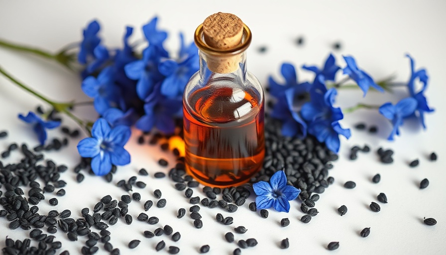 Black cumin seed oil bottle with seeds and blue flowers.