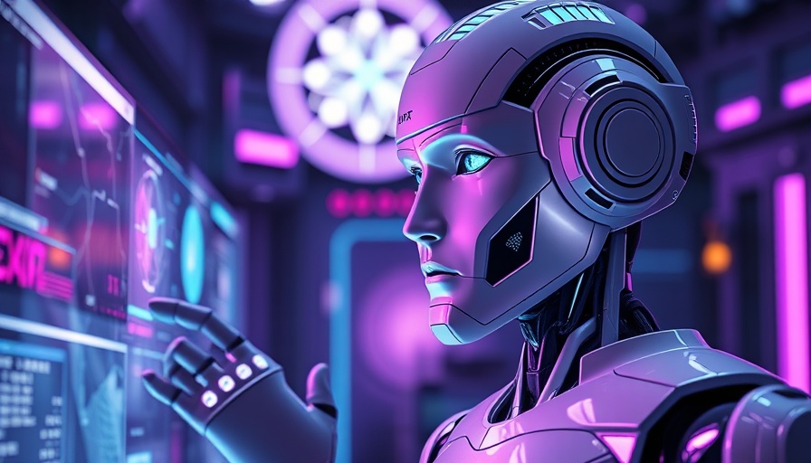 Futuristic robot using digital screens in a neon-lit tech office, Experian AI framework.
