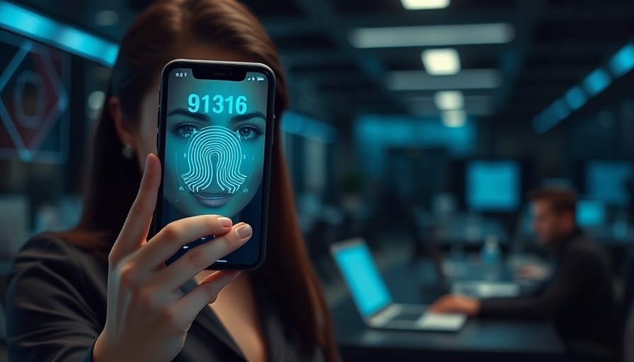 Woman using smartphone with biometric authentication systems in office.