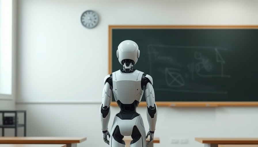 Futuristic robot teaching in a classroom, AI chatbots vs human educators.