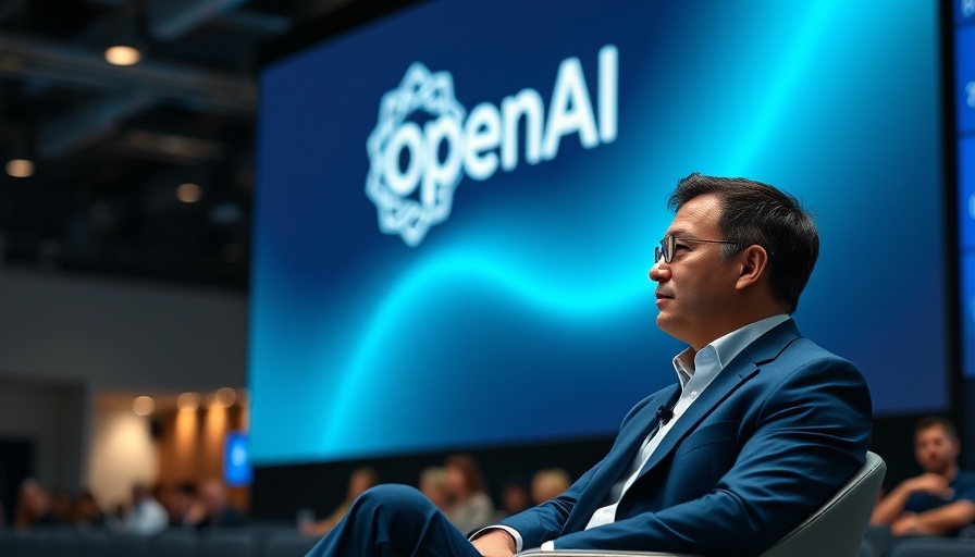 Tech professional at OpenAI event, blue-green backdrop.