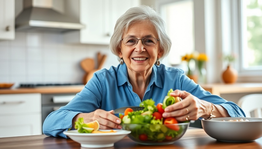 Older woman enjoys salad, suggesting Vitamin D dietary benefits in relation to Parkinson's disease risk.