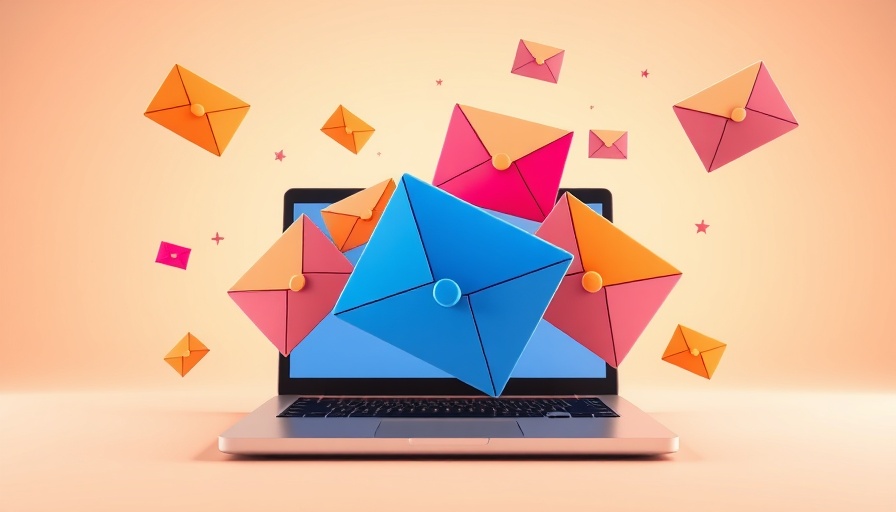 Colorful envelopes emerging from laptop, symbolizing information flow.