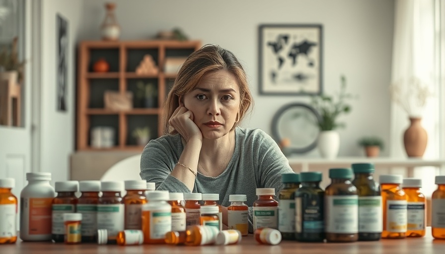 Contemplative woman with medicine bottles depicting health insurance denials.