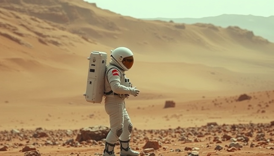 Astronaut on Mars studying dusty terrain highlighting health risks.
