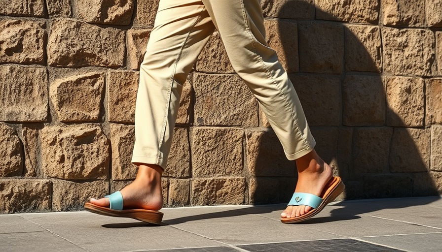 Individual in blue sandals, walking beside a textured wall.