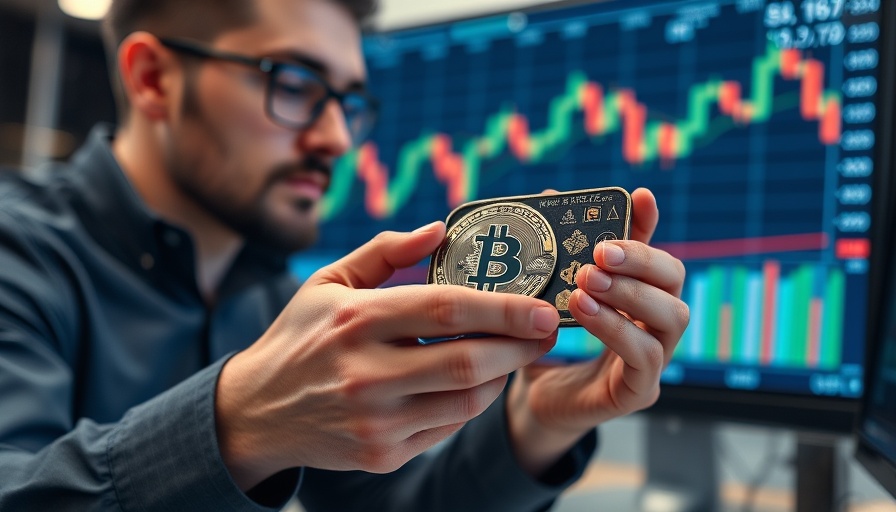 Professional examining crypto wallet with financial charts in the background.