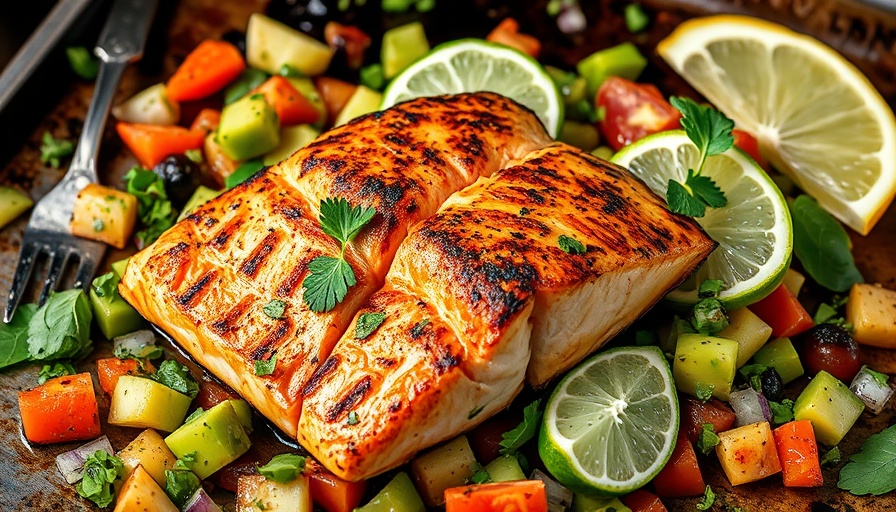 Smoky Grilled Salmon with Avocado Salad on baking sheet.