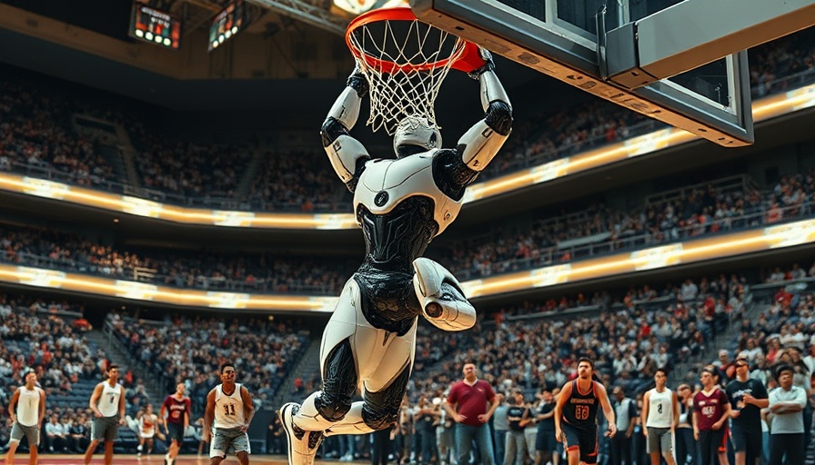 Futuristic robot dunking in basketball game, hyperchat technology.
