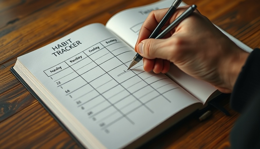 Hand writing in a habit tracker journal for habit stacking on a wooden table.