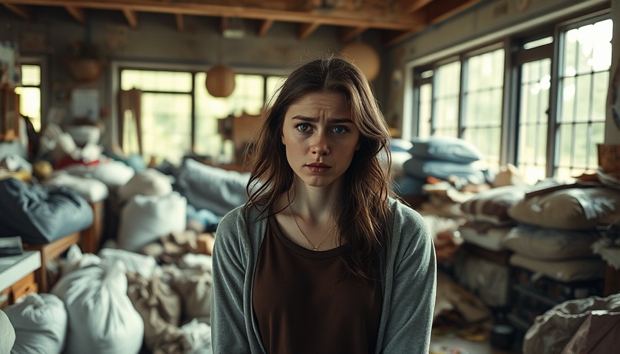 Cluttered space impact on mental health, stressed woman in messy room.